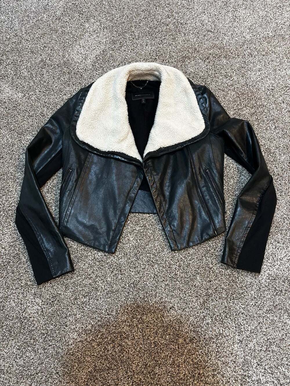 BCBGMAXAZRIA Women's Black Faux Leather Moto Jacket with Sherpa Collar